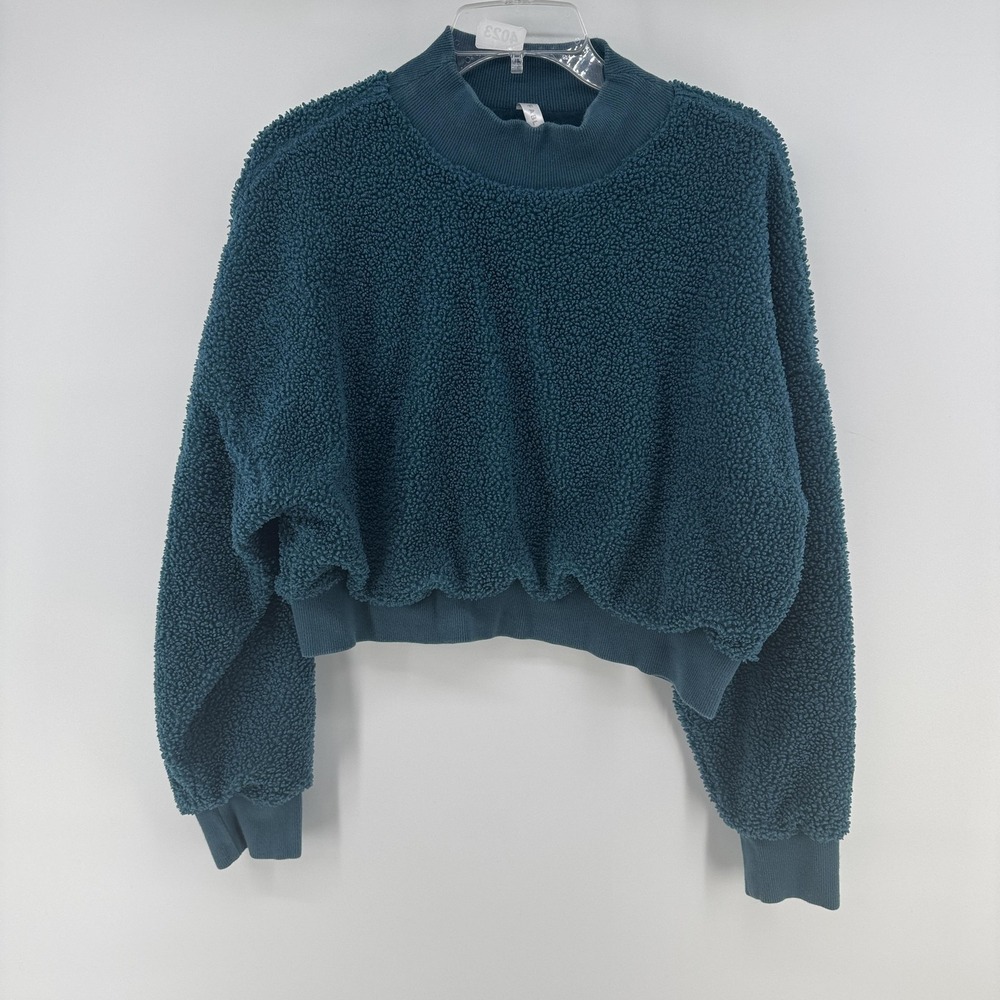 Fabletics Sweatshirt Womens Medium Blue Sherpa Fleece Mock Neck Cropped Pullover